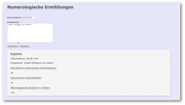 Programm Numerologische Ermittlungen Geburtsdatum und Namen oder Texte